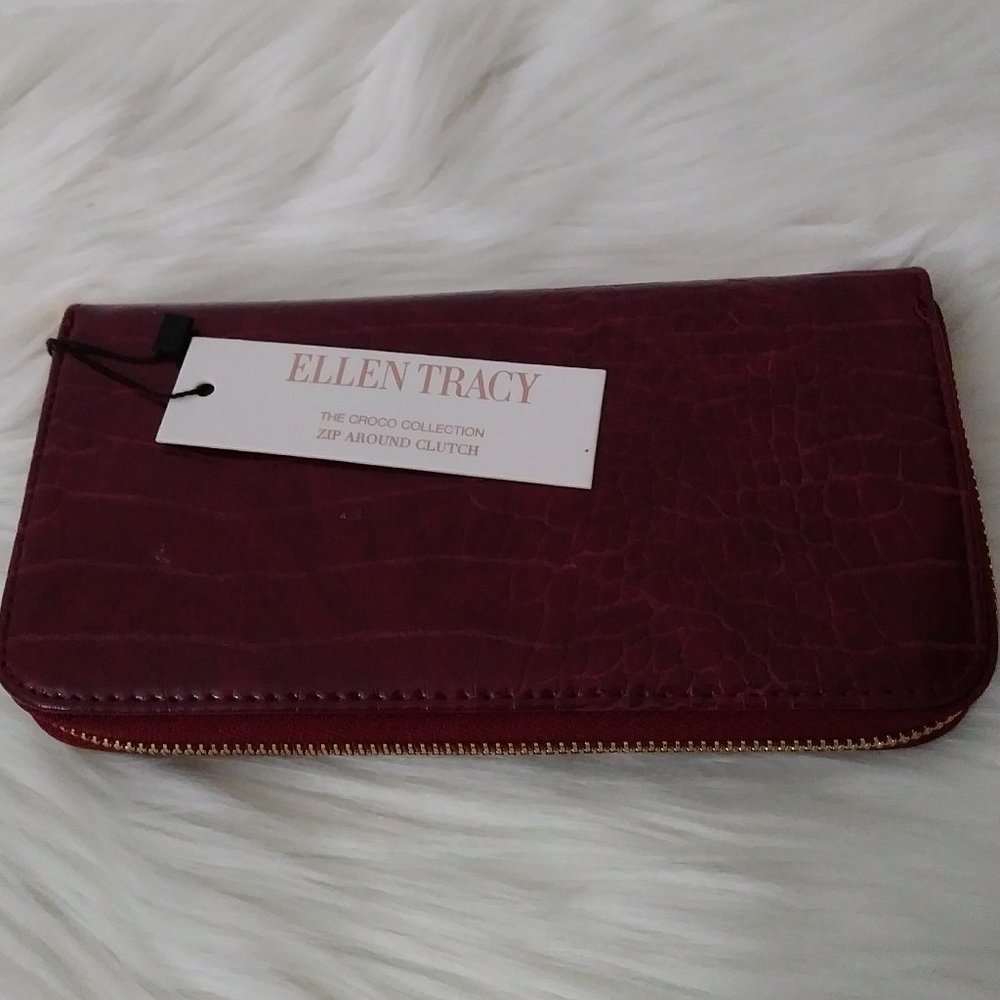 Ellen Tracy Croco Zip around Clutch Wallet Color Merlot